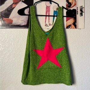 Vintage Euro Italy Green Knit Tank Top w Pink Star
